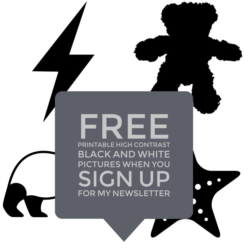 A series of black and white pictures with text overlaid that explains that you can get free printable high contrast black and white pictures when you sign up for my newsletter (which will kickstart your baby's eye development)