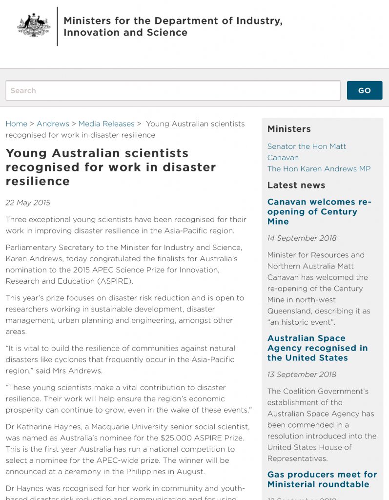 Media release: Young Australian Scientists Recognised for Work in Disaster Resilience