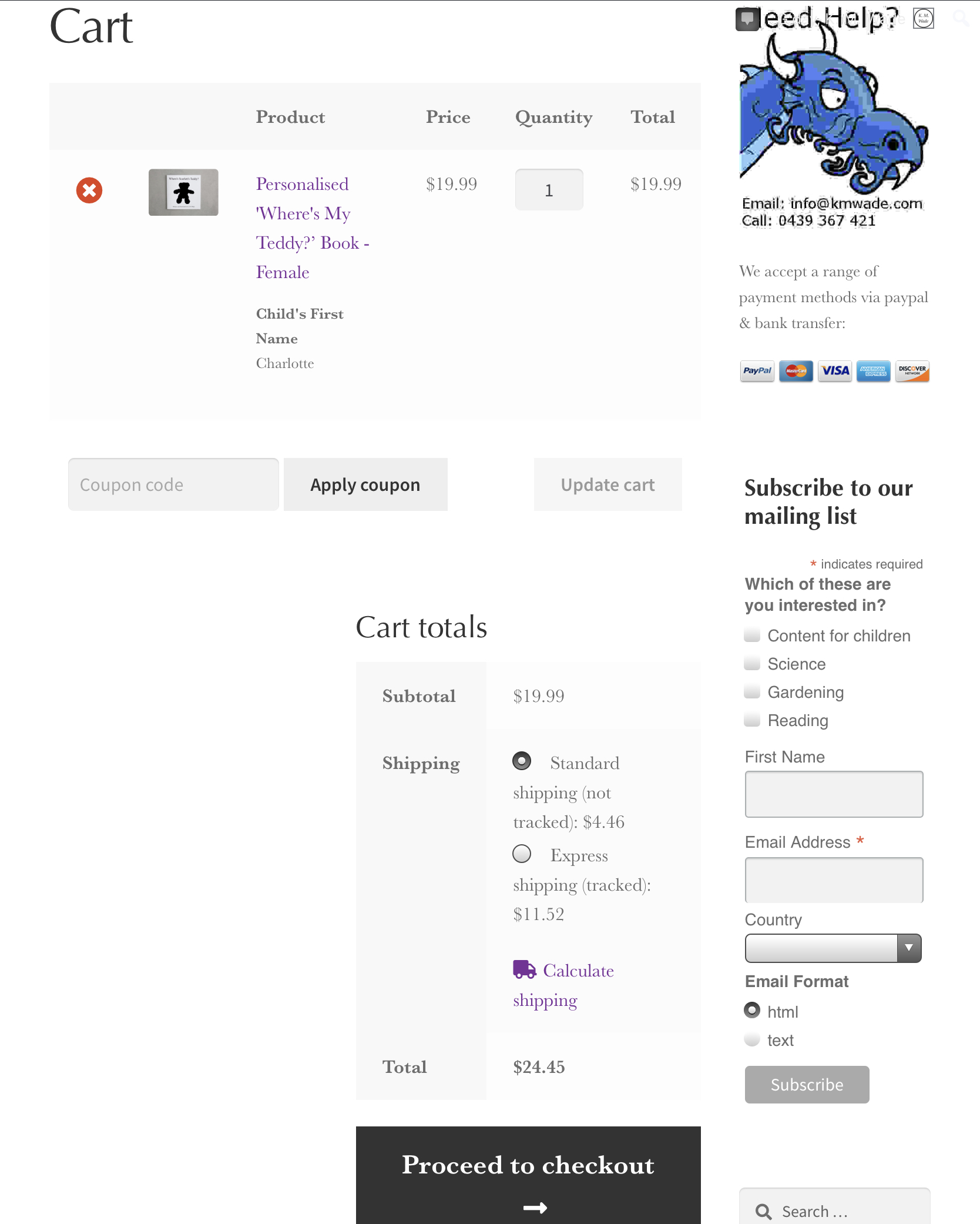 The K. M. Wade shopping cart page