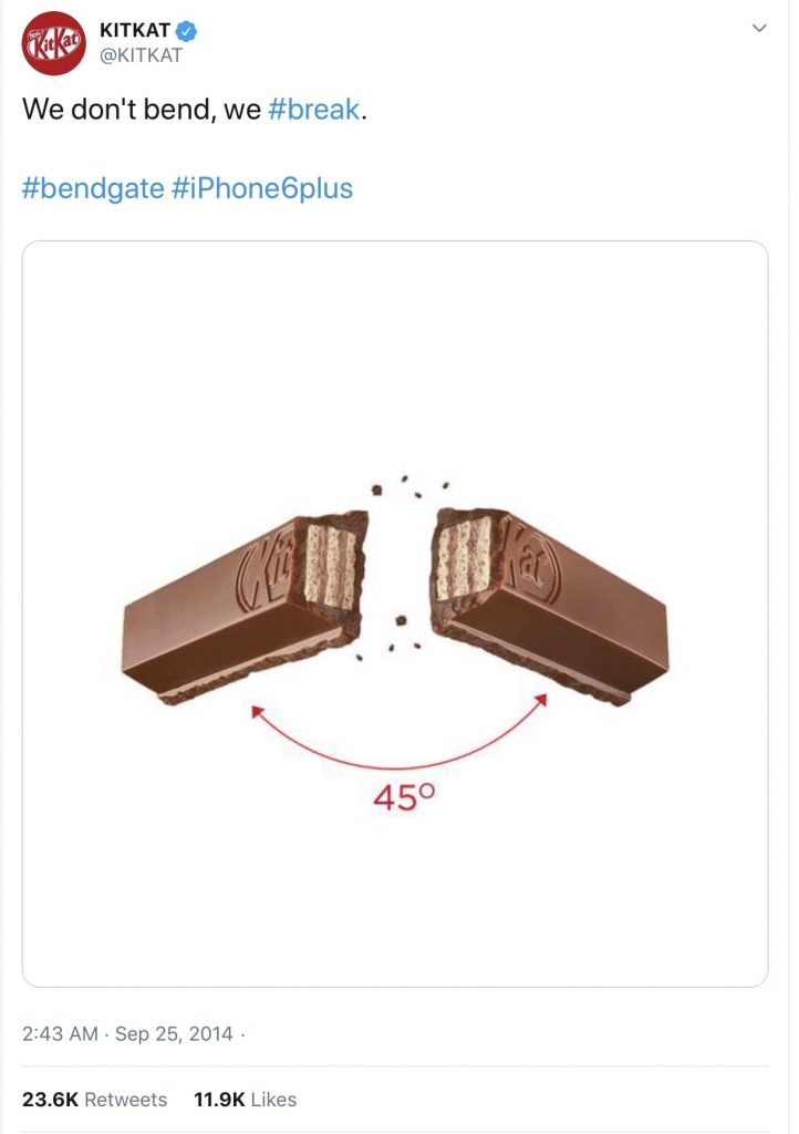 A KitKat has been snapped in half and the caption reads ‘we don’t bend, we #break. #bendgate #iPhone6plus’