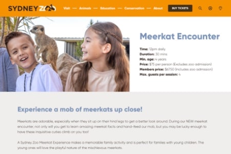 Screenshot of the Sydney Zoo Meerkat Encounter product description
