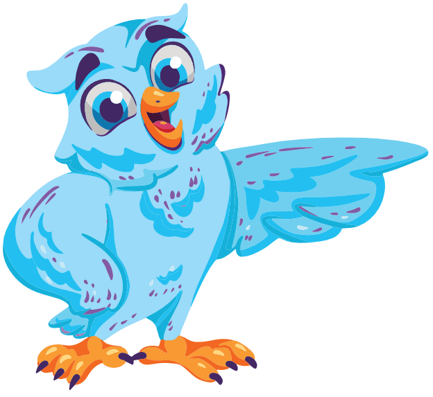 Blue owl pointing with a wing