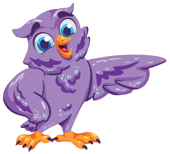 Purple owl pointing with a wing