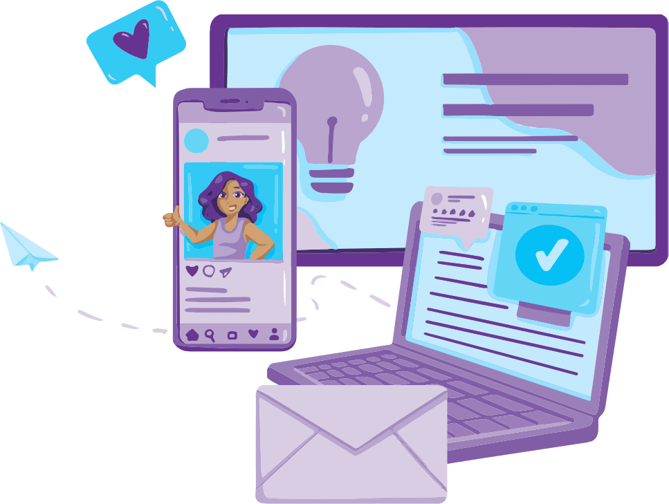 Envelopes, webpages, social media posts, email sending symbols, reviews, and other images illustrate many elements that come together to produce marketing campaigns that span the entire sales funnel.