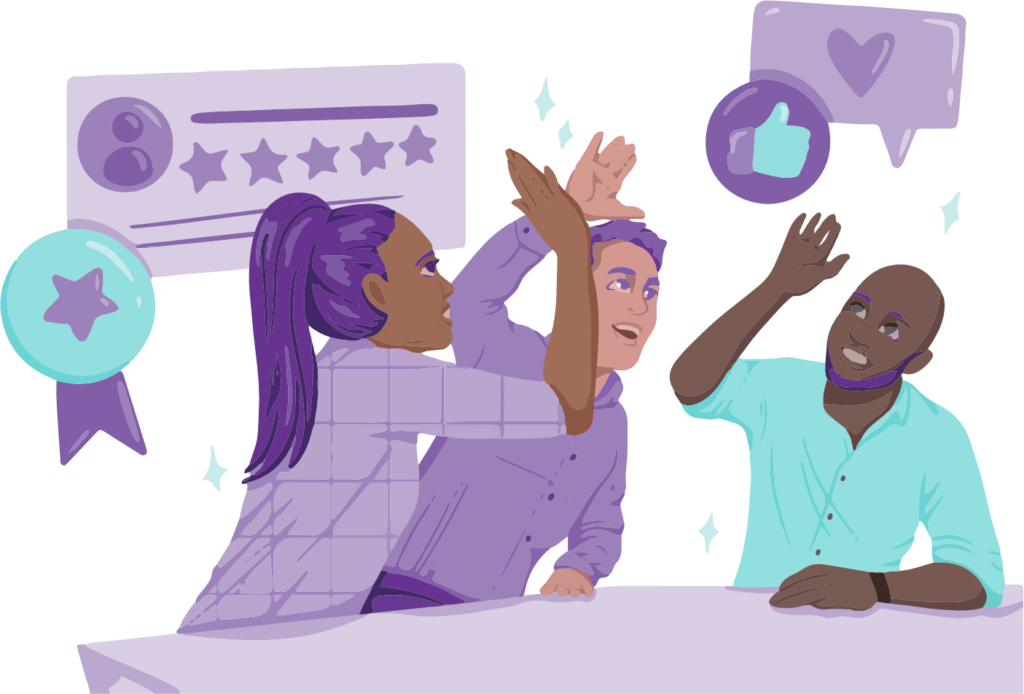 Three people giving each other high fives, with five star reviews, social media likes, hearts, and badges surrounding them. These are happy people from a small business who've won lots of loyal customers that love their products and services.