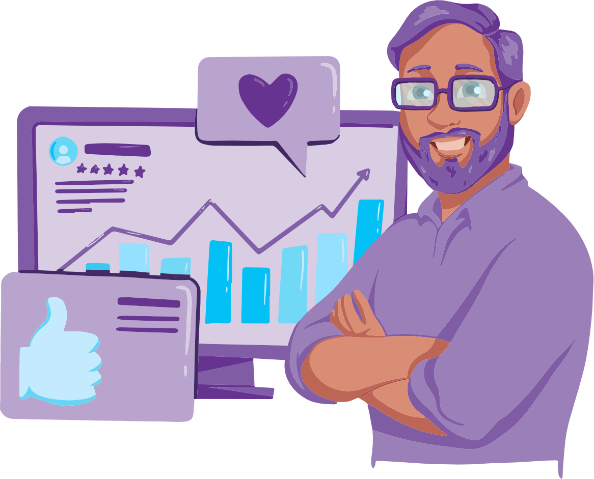 A very satisfied person shows off a graph that's trending upwards along with five star reviews, likes and loves. All this symbolises how he's improving his search and social rankings.