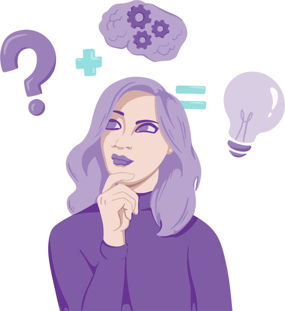 A person looking at a question mark and a plus sign, followed by an equals sign and a lightbulb. Above that, a brain floats, filled with cogs. This symbolises how the person is solving problems.