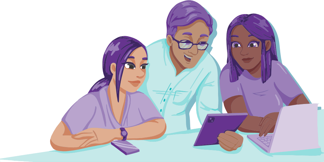 Three happy people leaning in to work together.