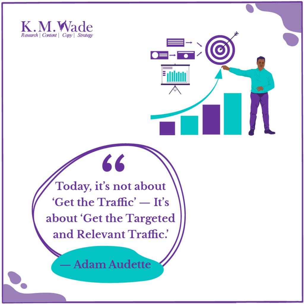An illustration with Adam Audette's quote focusing on targeting relevant traffic over simply increasing website visitors.