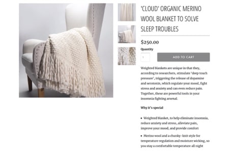 Screenshot of the Cloud Merino Wool Weighted Blanket K. M. Wade crafted for Dust Sugar
