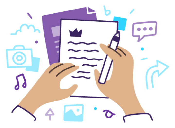 Note and pen illustration. Icons around the content — such as music notes, comment speech bubbles, images, and cameras — indicate that the person has attempted to make the content engaging and persuasive.