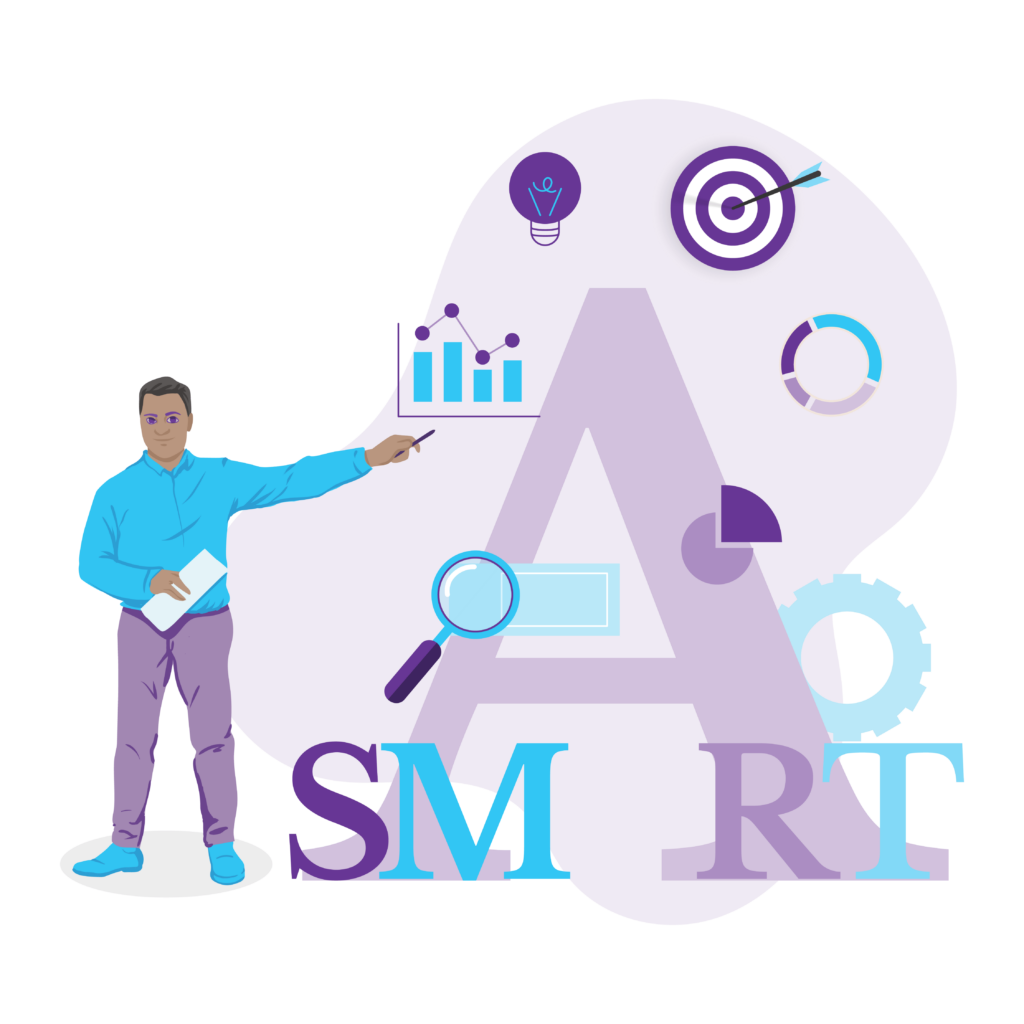 Man pointing at the word SMART (representing smart goals) along with several icons related to content strategy, such as a lightbulb, target, graphs, and a search bar.