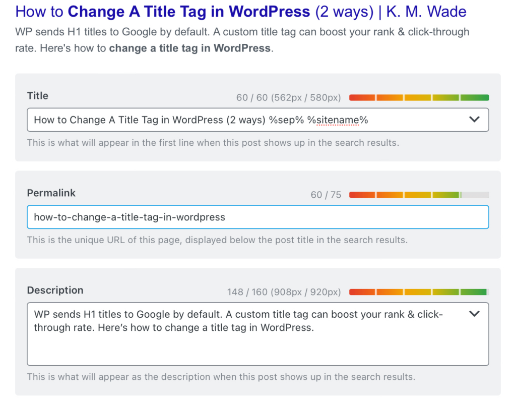 How to Change a Title Tag in WordPress 4 A screenshot of the RankMath interface that allows you to change your title tag, slug, and meta description