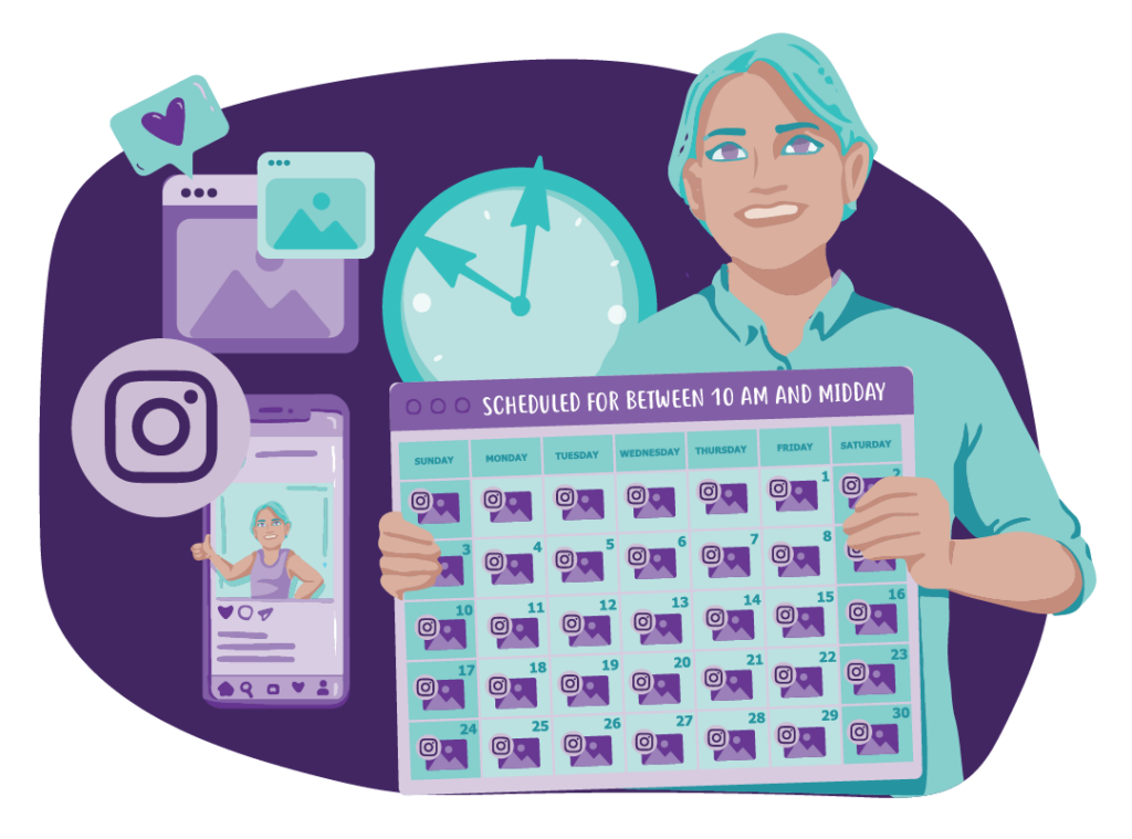 A person holding a calendar with an image placeholder and the Instagram icon on every date. Words at the top say ‘scheduled for between 10 am and midday’