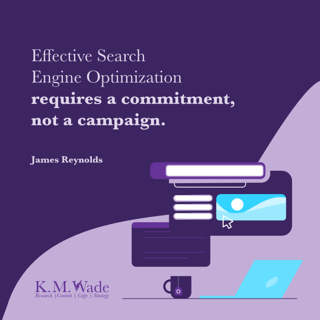 A minimalist design showcasing James Reynolds' quote about SEO requiring a commitment rather than a campaign for long-term success.