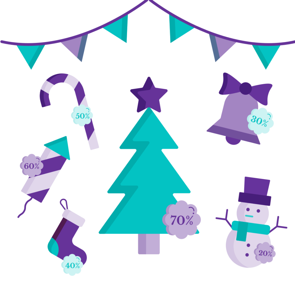 Christmas decorations on sale include items such as a Christmas tree, bell, snowman, Christmas socks, fireworks, and candy cane.