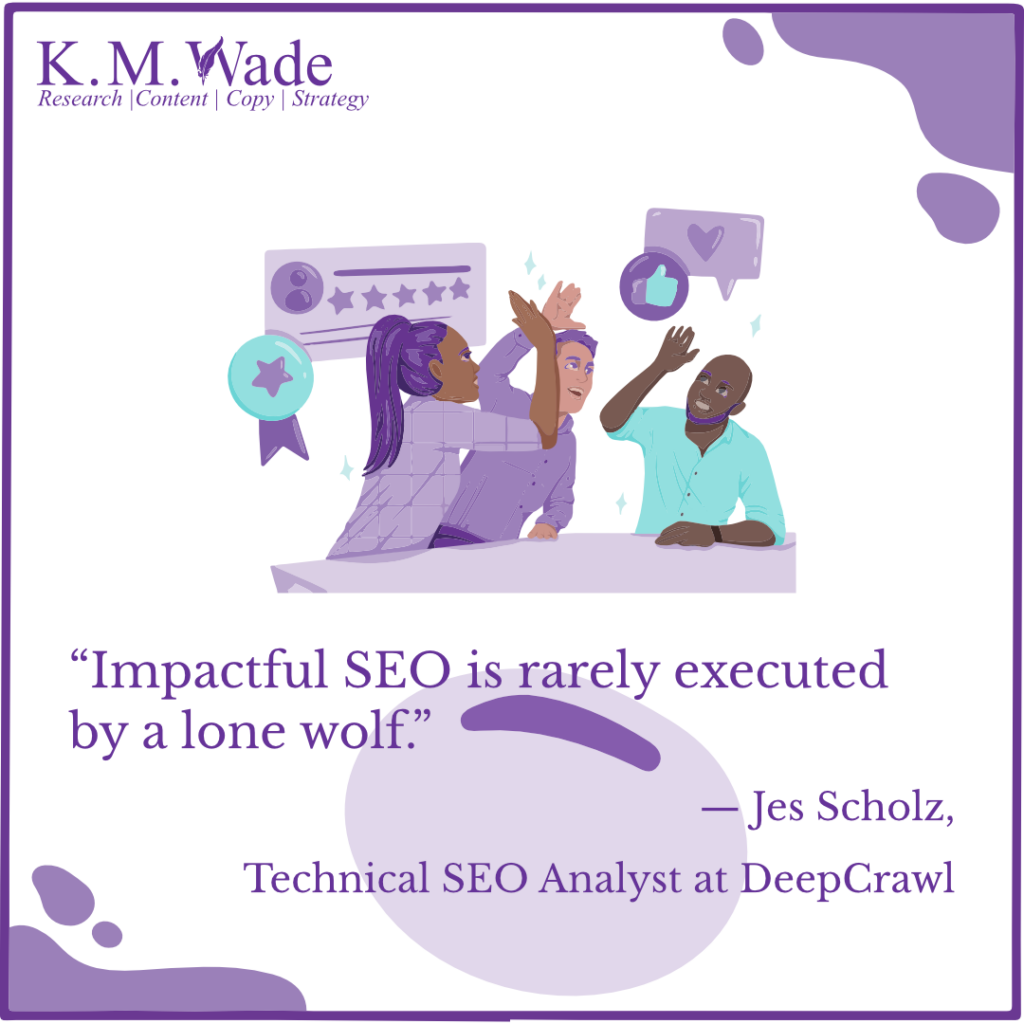 An image featuring Jes Scholz's quote on the collaborative nature of impactful SEO, with a team brainstorming and high-fiving.