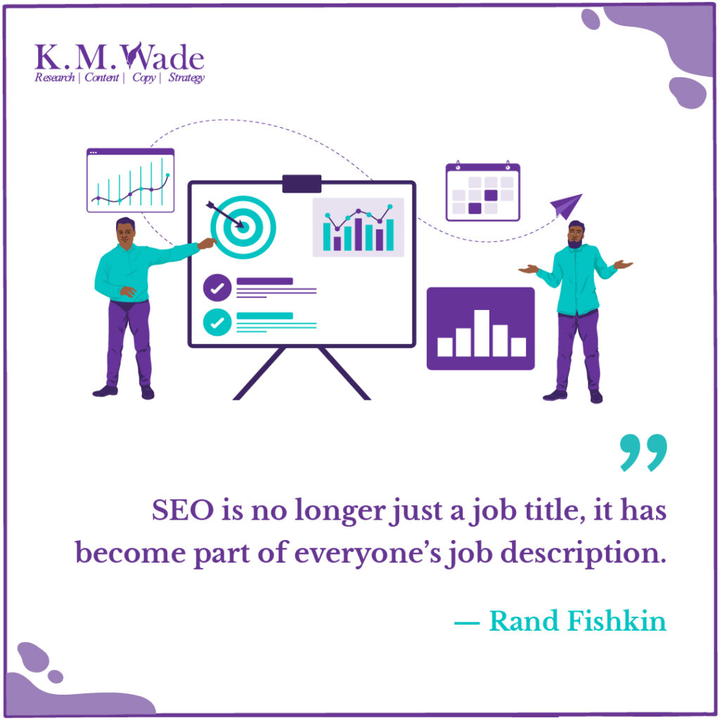 A visual representation of Rand Fishkin's quote on SEO becoming part of everyone's job, with charts and analytics in the background.