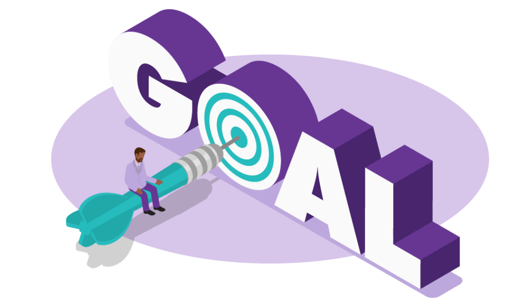 A man sitting on a dart hitting a target within the ‘o’ in ‘goal’ with no distractions signifying a simple and specific goal.