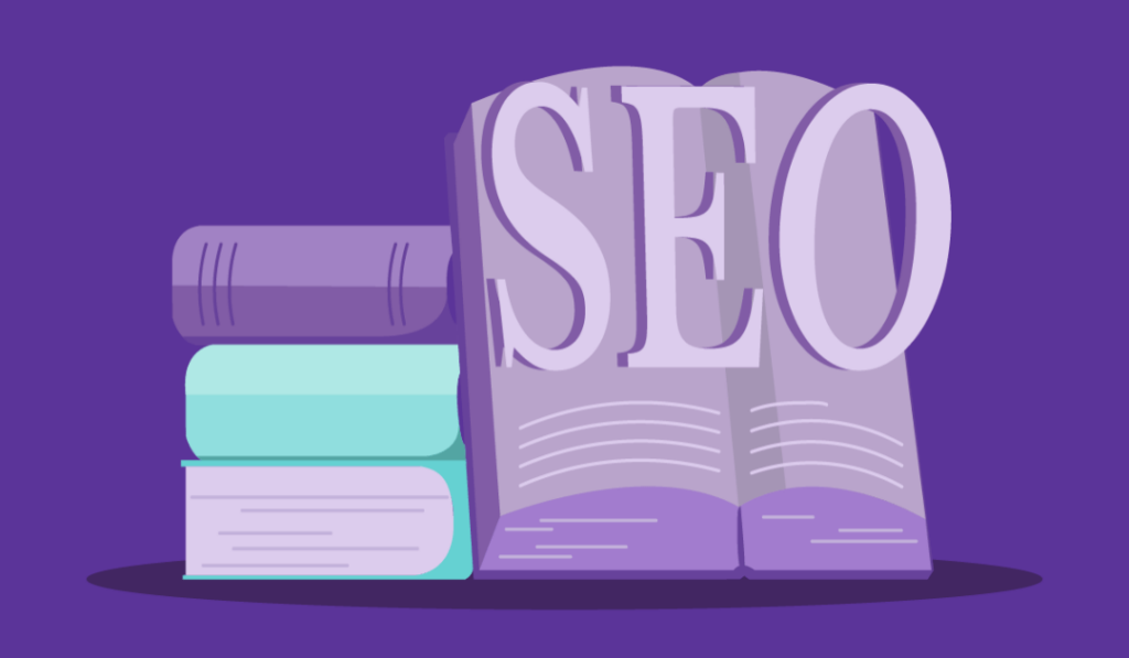 An open book with the letters "SEO" leaning on a pile of different books.