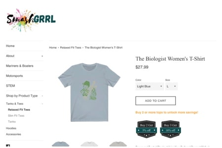 SmashGrrl logo and a photo of a grey t-shirt with an illustration of a female biologist for ‘The Biologist Women’s T-shirt’