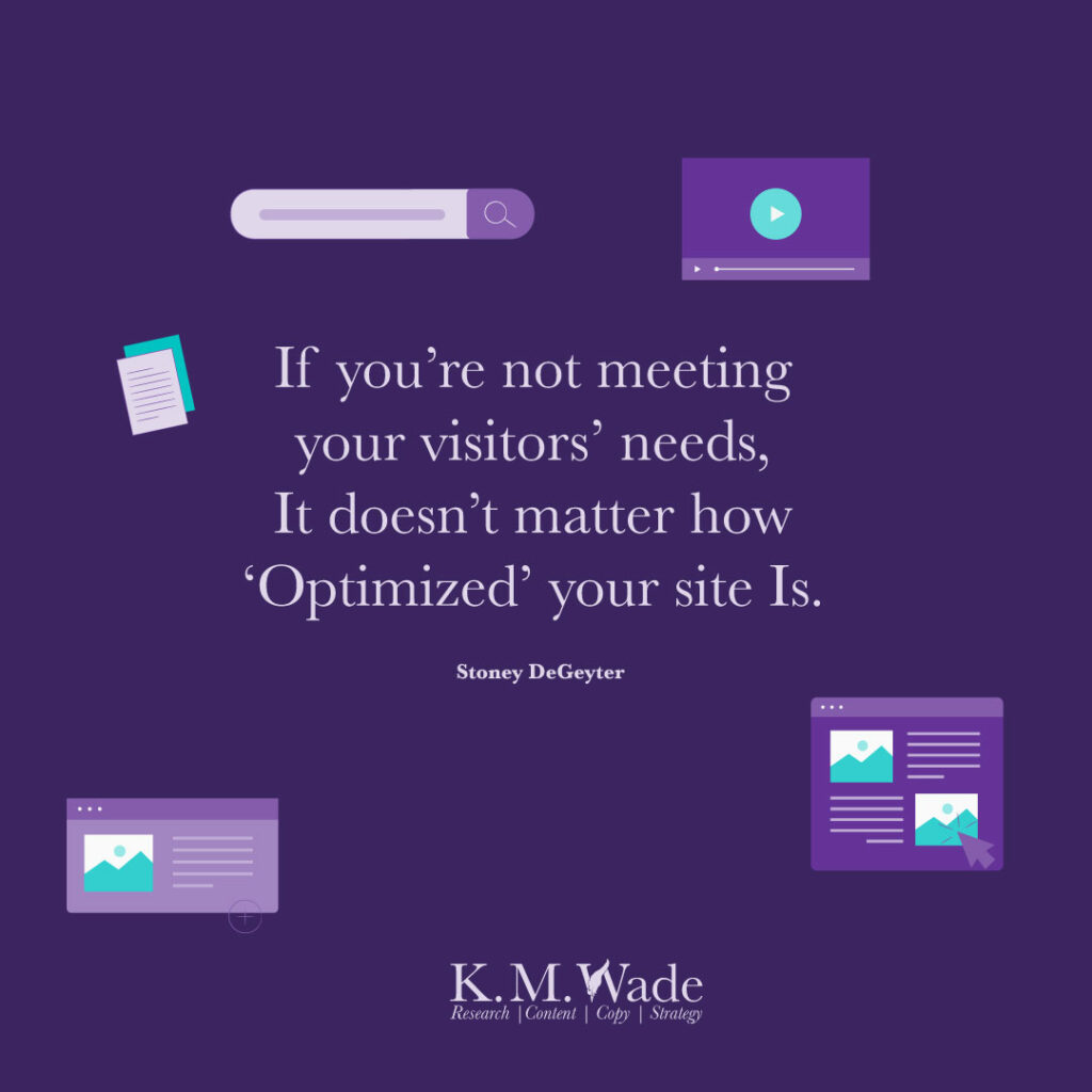 A dark-themed visual featuring Stoney DeGeyter's quote on meeting visitor needs being more critical than mere optimisation.