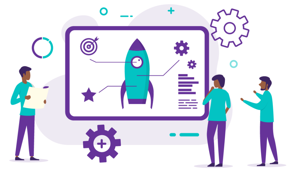 three people examine a board with a rocket. A target, cogs and star are connected to the rocket. This symbolises how website SEO is a vital part of any strategy to help launch a brand to new heights of search performance.