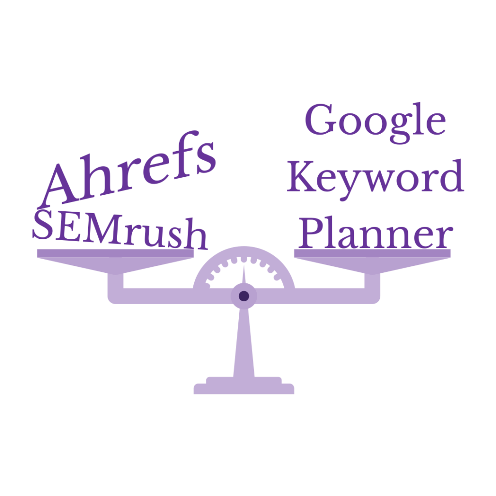 A scale with the words 'Ahrefs' and 'SEMrush' on the left side and 'Google Keyword Planner' on the right.