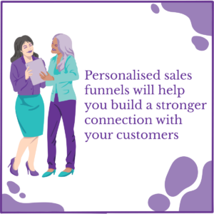 A business owner talks to her customer. The image features this text: Personalised sales funnels will help you build a stronger connection with your customers.