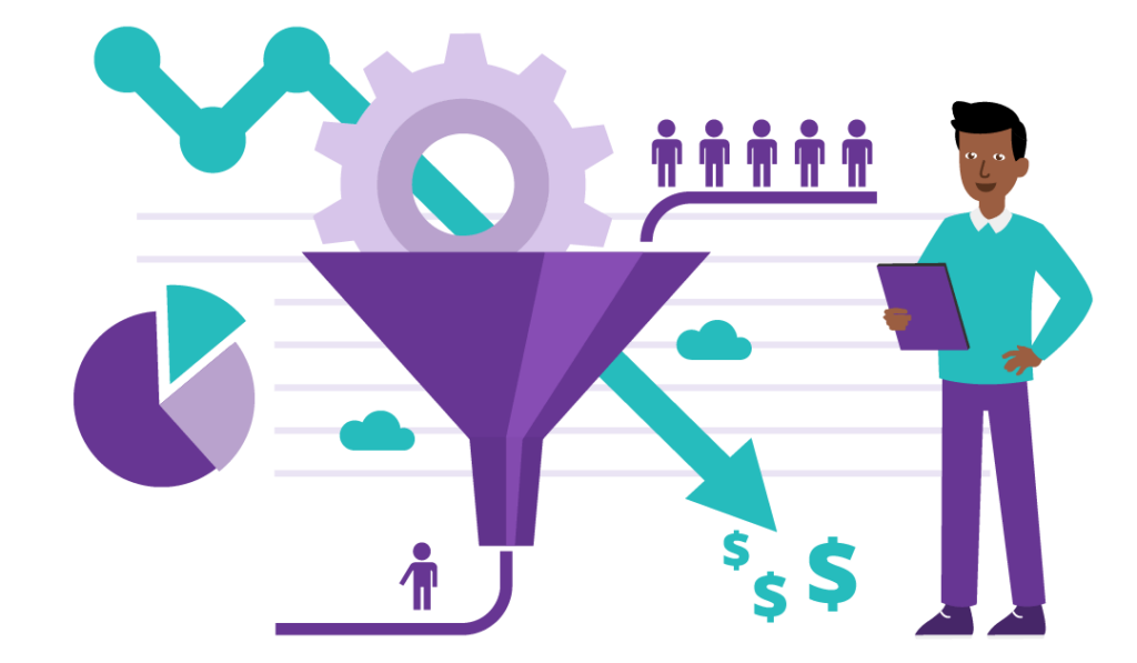 Five leads go into a funnel and only one comes out, symbolising a poor conversion rate. In the background, a graph trends downward pointing to dollar signs indicating that one consequence of poor lead-to-sales conversion rates is reduced revenue.