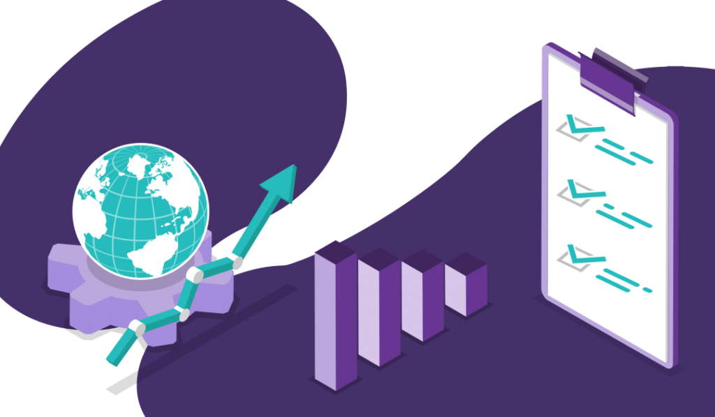 A model of a globe with an upward trend graph and a checklist symbolising the benefits of following SEO keyword best practices include increased search traffic no matter where in the world you are.