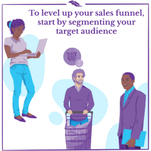 A woman holding a laptop, a man with a shopping cart and a professional person. The image features this text: To level up your sales funnel, start by segmenting your target audience.