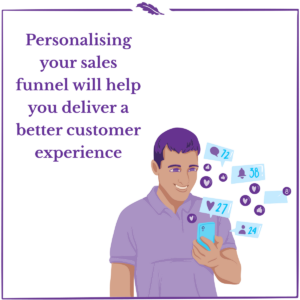 A person is glad to see the positive reactions and feedback from his customers thanks to him having provided a great customer experience. The image features this text: Personalising your sales funnel will help you deliver a better customer experience.