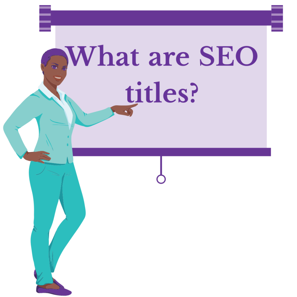 A woman points to the question "What are SEO titles?" on a projector screen.