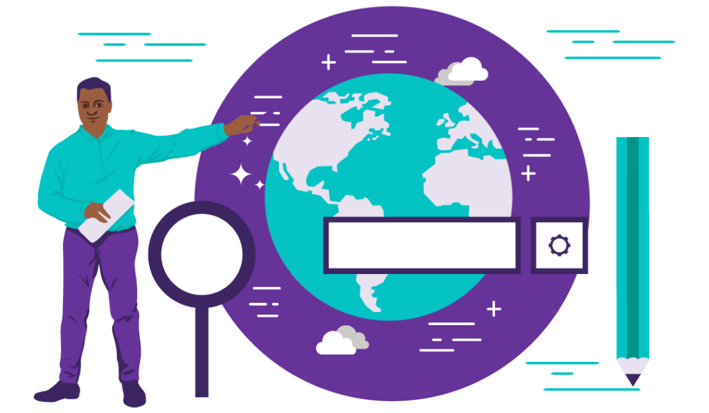 An illustration of the Earth with search icons over the top of it and a pencil illustrating Google writing its own SEO titles.