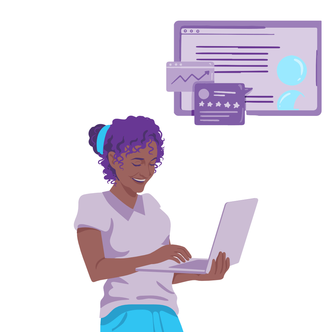 A woman smiling while working on a laptop with charts and star ratings above her, representing effective content strategy and performance analysis.