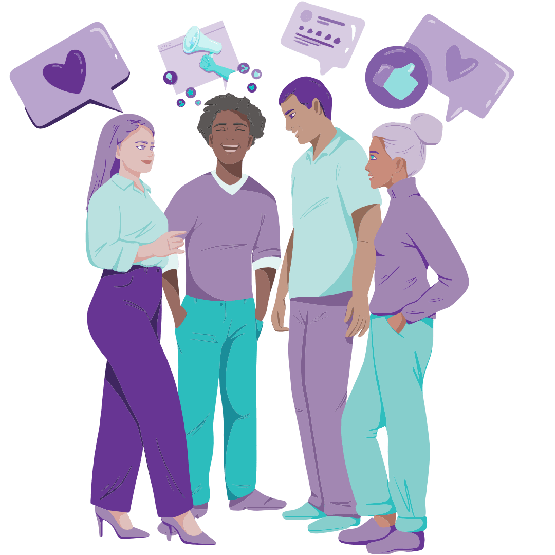 A diverse group of people smiling and chatting with social engagement icons overhead, representing satisfied clients and positive testimonials.