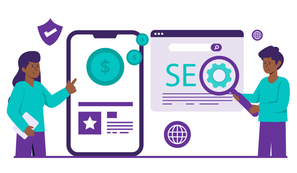 An Illustration of a man and a woman showing the importance of SEO in optimising search engines.