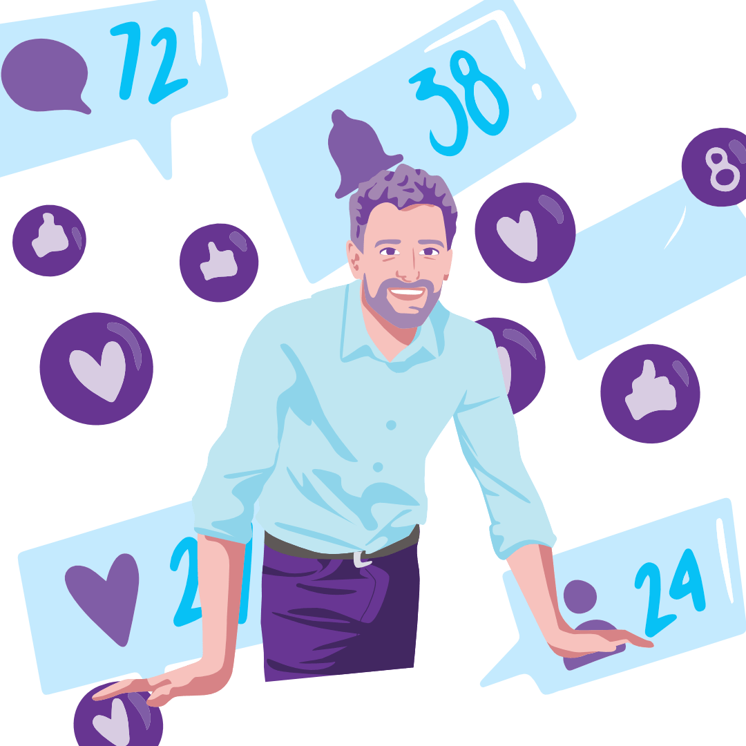 A cheerful man surrounded by likes, followers, and comment icons, representing stronger online visibility and growing audience engagement.