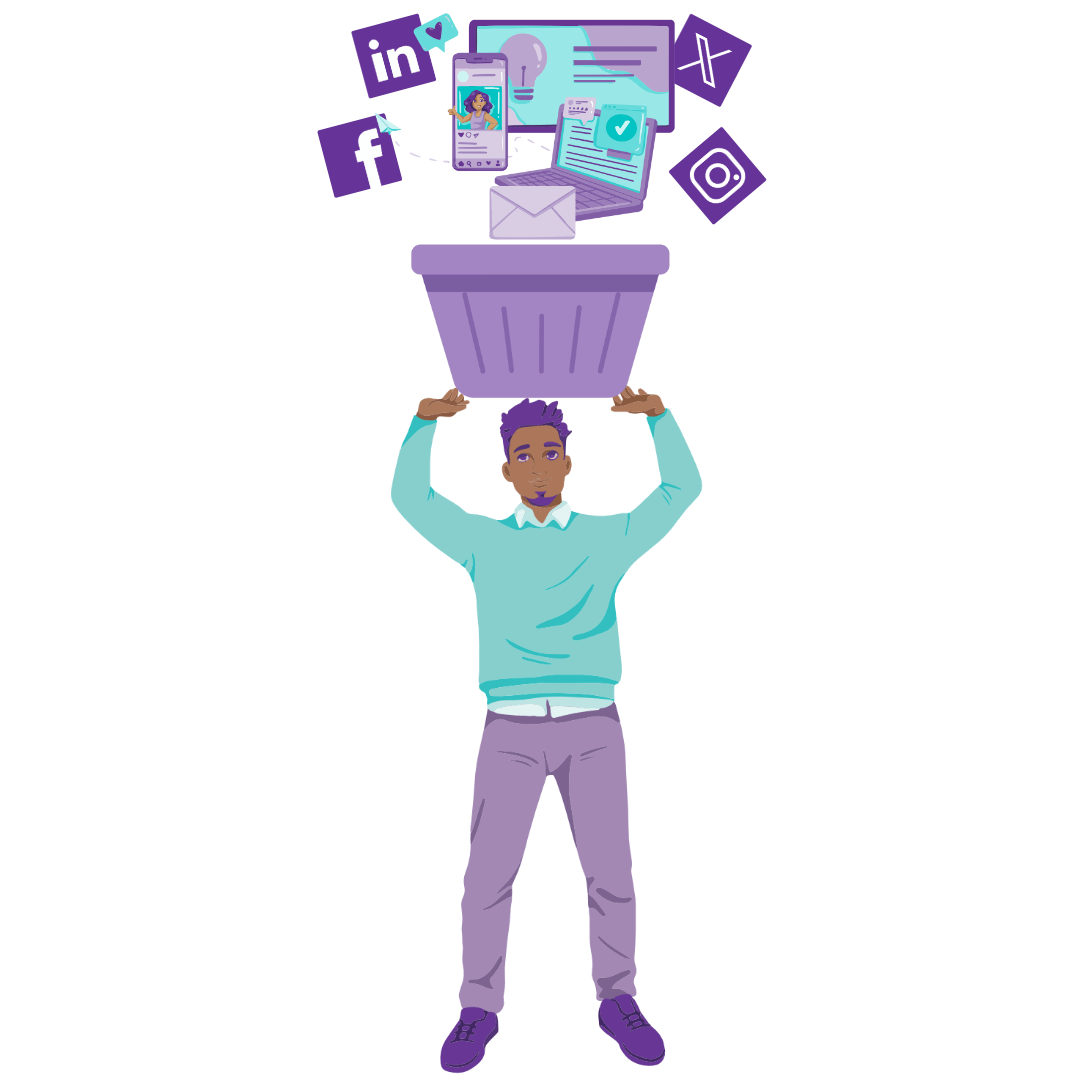 A man lifting a large container filled with digital marketing icons, symbolising integrated multi-channel content marketing services.