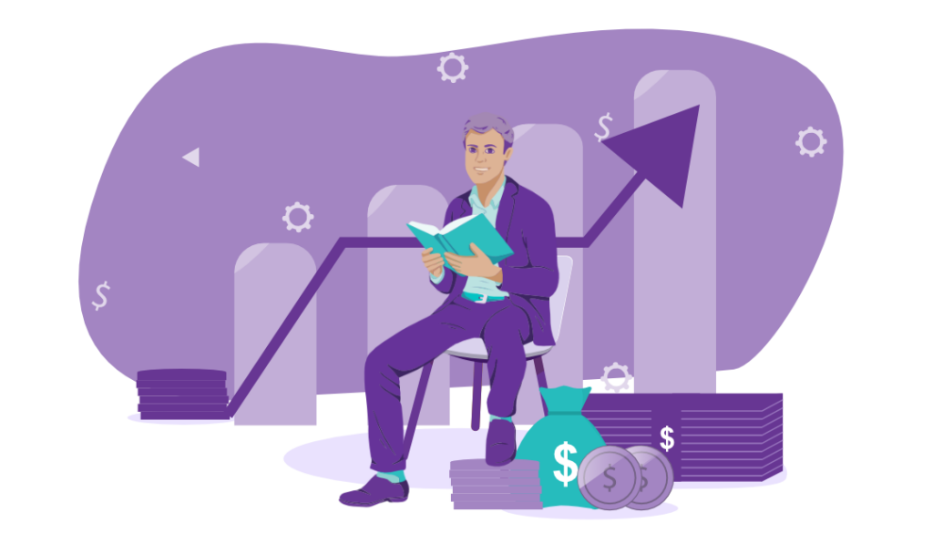  person sitting on a chair in front of an upward-trending graph and next to a pile of money