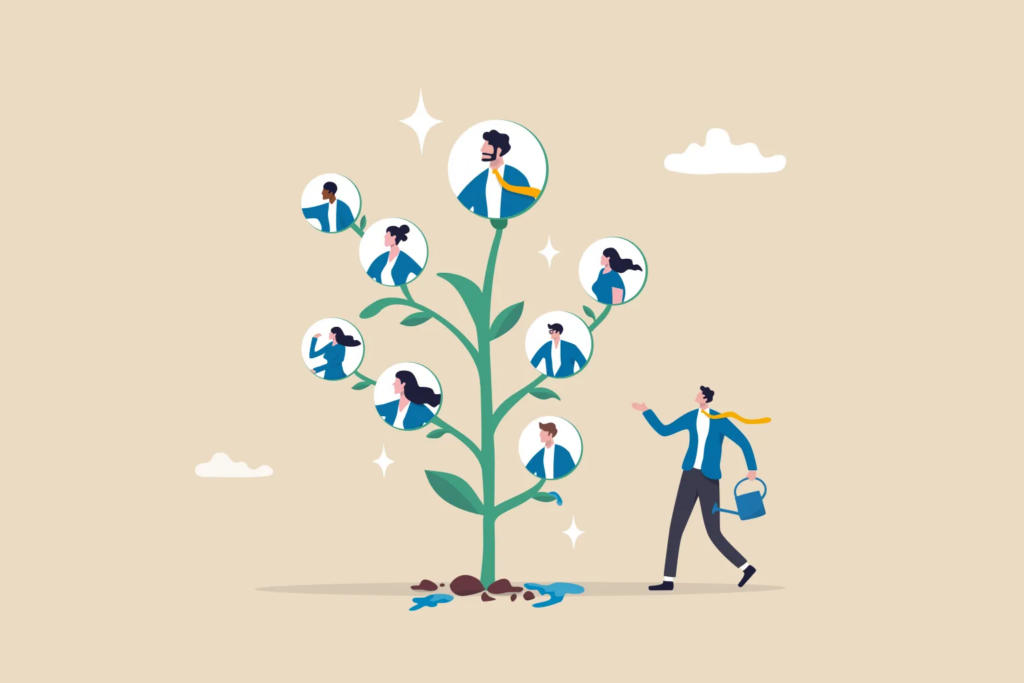 Illustrative concept of lead management depicted as a flourishing tree with various professional figures, symbolising the growth and nurturing aspect of effective lead management.