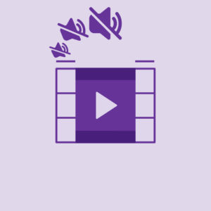 A video play icon with muted sound icons above it, representing the concept of silent videos. The image highlights the importance of optimizing videos for silent viewing by adding captions or transcripts to ensure accessibility and inclusivity.