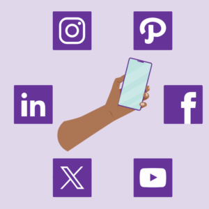 A hand holding a smartphone surrounded by social media icons for Instagram, Pinterest, LinkedIn, Facebook, X (formerly Twitter), and YouTube. The image represents the use of social media for brand storytelling, highlighting the importance of authentic and personal content.