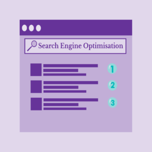 A search engine results page titled 'Search Engine Optimisation,' with three ranked results and a magnifying glass icon. The image represents the importance of video content in enhancing SEO strategies for better visibility in search rankings.